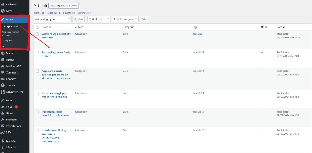 esplorare la sezione articoli di wordpress